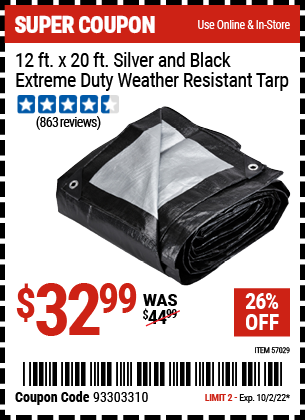 Buy the HFT 12 Ft. X 20 Ft. Silver & Black Extreme Duty Weather Resistant Tarp (Item 57029) for $32.99, valid through 10/2/2022.