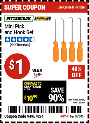 Buy the PITTSBURGH Mini Pick and Hook Set (Item 63697/66836/63765) for $229.99, valid through 10/2/22.