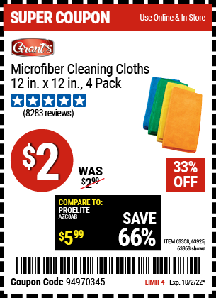 Buy the GRANT'S Microfiber Cleaning Cloth 12 in. x 12 in. 4 Pk., valid through 10/2/22.