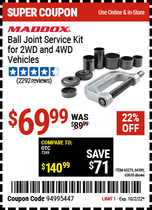 Buy the MADDOX Ball Joint Service Kit for 2WD and 4WD Vehicles (Item 63279/63279/64399) for $169.99, valid through 10/2/22.