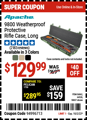 Buy the APACHE 9800 Weatherproof Protective Rifle Case, valid through 10/2/22.