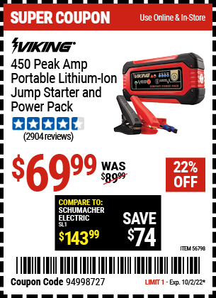 Buy the VIKING Lithium Ion Jump Starter and Power Pack (Item 62749) for $4.99, valid through 10/2/22.