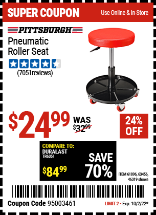 Buy the PITTSBURGH AUTOMOTIVE Pneumatic Roller Seat (Item 46319/61896/63456) for $64.99, valid through 10/2/22.