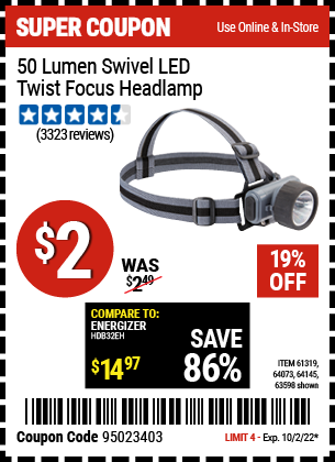Buy the HFT Swivel Lens LED Headlamp, valid through 10/2/22.