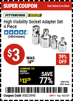 Buy the PITTSBURGH High Visibility Socket Adapter Set 4 Pc., valid through 10/2/22.