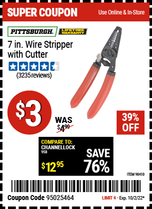 Buy the PITTSBURGH 7 in. Wire Stripper with Cutter, valid through 10/2/22.