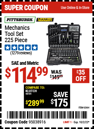 Buy the PITTSBURGH Mechanic's Tool Kit 225 Pc. (Item 62664) for $179.99, valid through 10/2/22.