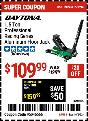 Buy the DAYTONA 1.5 ton Professional Racing Series Aluminum Floor Jack (Item 58206) for $9.99, valid through 10/2/22.