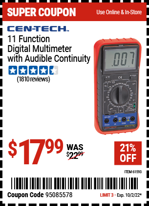 Buy the CEN-TECH 11 Function Digital Multimeter with Audible Continuity (Item 61593) for $129.99, valid through 10/2/22.