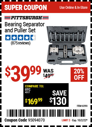 Buy the PITTSBURGH AUTOMOTIVE Bearing Separator and Puller Set (Item 62593) for $9.99, valid through 10/2/22.