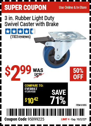 Buy the 3 in. Rubber Light Duty Swivel Caster with Brake (Item 61855) for $4.99, valid through 10/2/22.