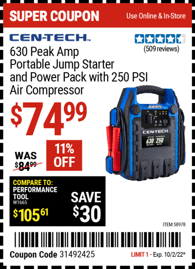 Buy the CEN-TECH 630 Peak Amp Portable Jump Starter and Power Pack with 250 PSI Air Compressor (Item 58978) for $74.99, valid through 10/2/2022.