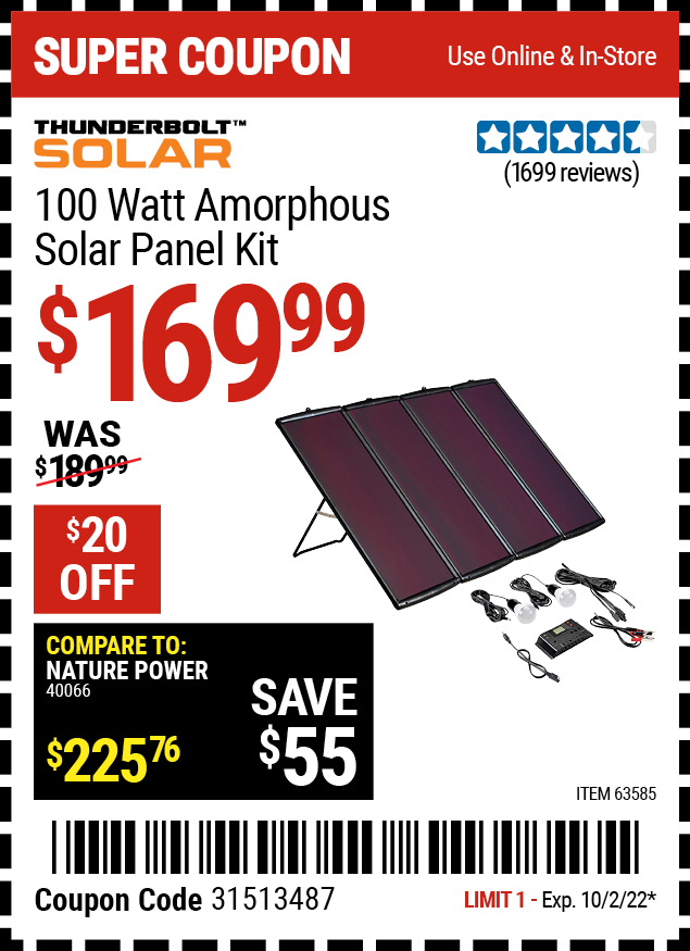 Buy the THUNDERBOLT MAGNUM SOLAR 100 Watt Solar Panel Kit (Item 63585) for $169.99, valid through 10/2/2022.