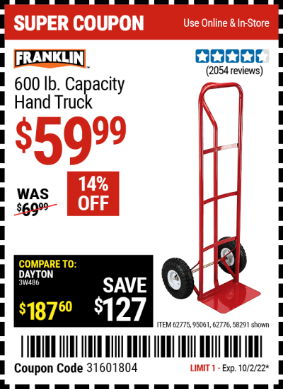 Buy the FRANKLIN 600 lb. Capacity Hand Truck, valid through 10/2/22.