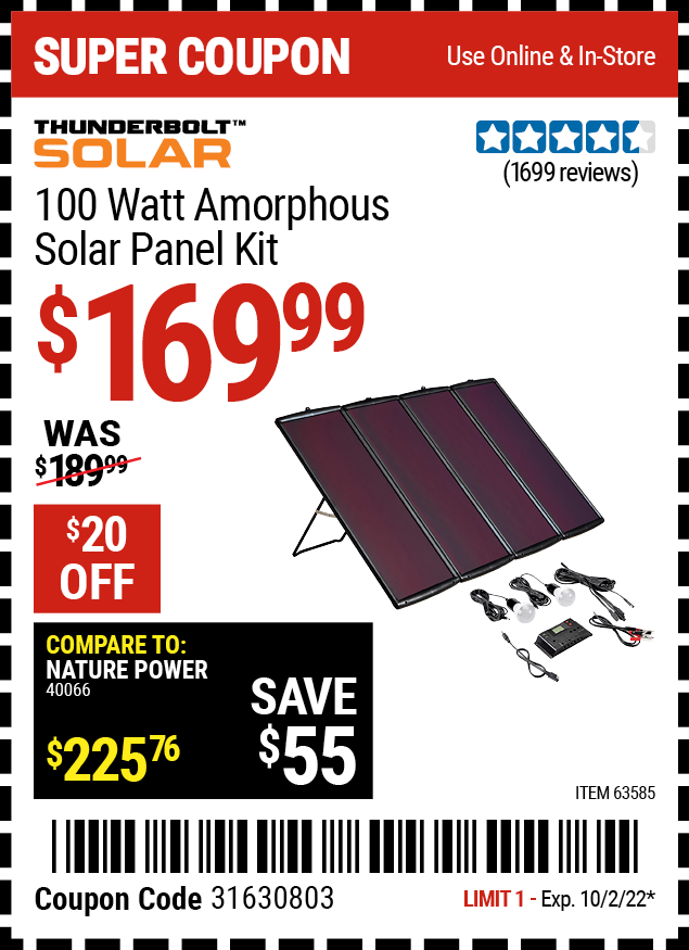 Buy the THUNDERBOLT MAGNUM SOLAR 100 Watt Solar Panel Kit, valid through 10/2/22.