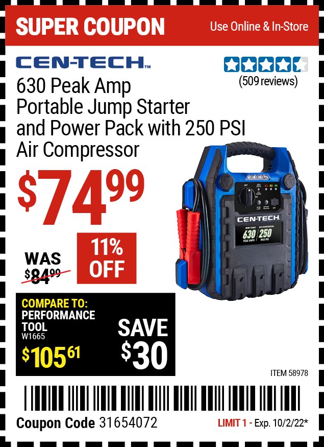 Buy the CEN-TECH 630 Peak Amp Portable Jump Starter and Power Pack with 250 PSI Air Compressor, valid through 10/2/22.