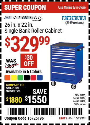 U.S. GENERAL 26 in. x 22 In. Single Bank Roller Cabinet for $329.99 ...