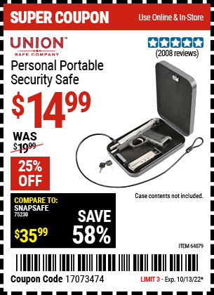 Buy the UNION SAFE COMPANY Personal Portable Security Safe (Item 64079) for $14.99, valid through 10/13/2022.