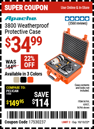 Buy the APACHE 3800 Weatherproof Protective Case - Large (Item 56766/56769/63927) for $34.99, valid through 10/13/2022.