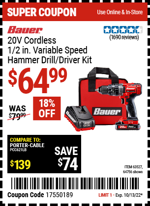Buy the BAUER 20V Hypermax Lithium 1/2 in. Hammer Drill Kit (Item 64756/63527) for $64.99, valid through 10/13/2022.