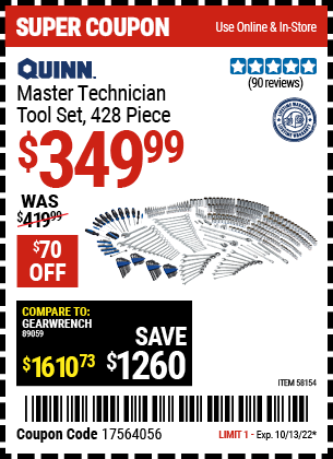 Buy the QUINN Master Technician Tool Set (Item 58154) for $349.99, valid through 10/13/2022.