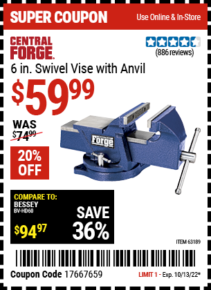 Buy the CENTRAL FORGE 6 in. Swivel Vise with Anvil (Item 63189) for $59.99, valid through 10/13/2022.