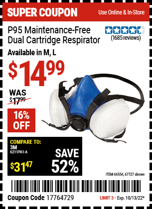 Buy the GERSON P95 Maintenance-Free Dual Cartridge Respirator Medium (Item 66554/67727) for $14.99, valid through 10/13/2022.