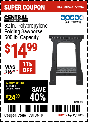 Buy the CENTRAL MACHINERY 500 Lb. Sawhorse (Item 57561) for $14.99, valid through 10/13/2022.