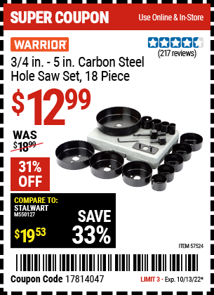Buy the WARRIOR 3/4 in. (Item 57524) for $12.99, valid through 10/13/2022.