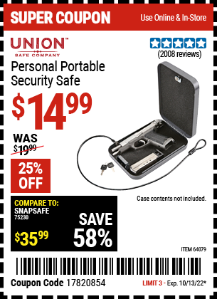 Buy the UNION SAFE COMPANY Personal Portable Security Safe (Item 64079) for $14.99, valid through 10/13/2022.
