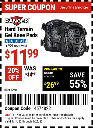 Buy the RANGER Hard Terrain Gel Knee Pads (Item 57915) for $11.99, valid through 9/25/2022.