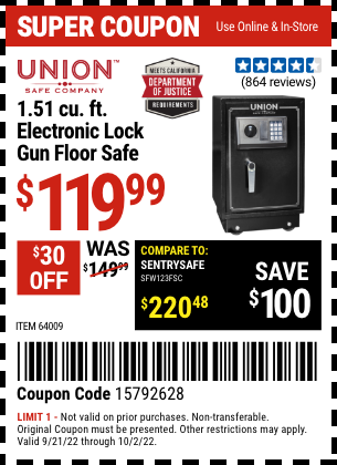 Buy the UNION SAFE COMPANY 1.51 cu. ft. Electronic Lock Gun Floor Safe (Item 64009) for $119.99, valid through 10/2/2022.