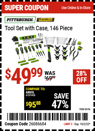 Buy the PITTSBURGH Tool Set With Case (Item 58196) for $49.99, valid through 10/2/2022.
