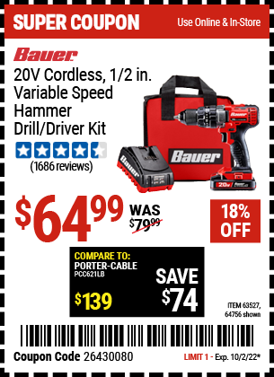 Buy the BAUER 20V Hypermax Lithium 1/2 in. Hammer Drill Kit (Item 64756/63527) for $64.99, valid through 10/2/2022.