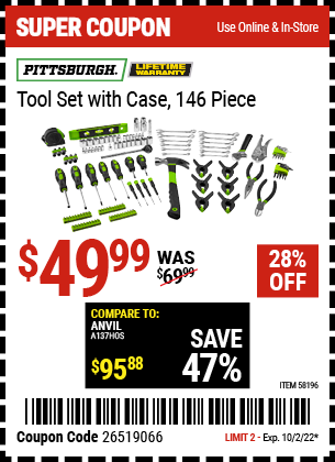 Buy the PITTSBURGH Tool Set With Case (Item 58196) for $49.99, valid through 10/2/2022.