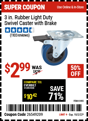 Buy the 3 in. Rubber Light Duty Swivel Caster with Brake (Item 61855) for $2.99, valid through 10/2/2022.