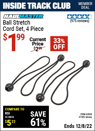 Inside Track Club members can buy the HAUL-MASTER Ball Stretch Cord Set 4 Pc. (Item 47302/62838) for $1.99, valid through 12/8/2022.
