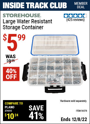 Inside Track Club members can buy the STOREHOUSE Large Organizer IP55 Rated (Item 56578) for $5.99, valid through 12/8/2022.