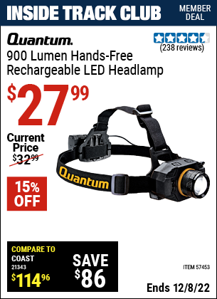 Inside Track Club members can buy the QUANTUM 900 Lumen Hands-Free Rechargeable Headlamp (Item 57453) for $27.99, valid through 12/8/2022.