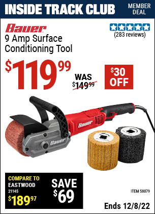 Inside Track Club members can buy the BAUER 9 Amp Surface Conditioning Tool (Item 58079) for $119.99, valid through 12/8/2022.