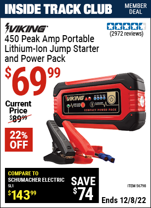 Inside Track Club members can buy the VIKING Lithium Ion Jump Starter and Power Pack (Item 62749) for $69.99, valid through 12/8/2022.