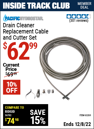 Inside Track Club members can buy the PACIFIC HYDROSTAR Drain Cleaner Replacement Cable and Cutter Set (Item 63269) for $62.99, valid through 12/8/2022.