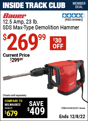 Inside Track Club members can buy the BAUER 12.5 Amp SDS Max Type Pro Demolition Hammer Kit (Item 63437/63440) for $269.99, valid through 12/8/2022.