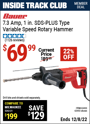Inside Track Club members can buy the BAUER 1 in. SDS Variable Speed Pro Rotary Hammer Kit (Item 63443/63433) for $69.99, valid through 12/8/2022.