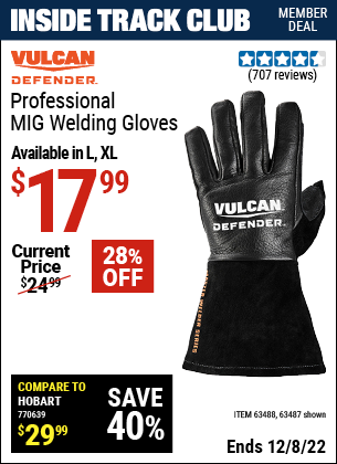 Inside Track Club members can buy the VULCAN Professional MIG Welding Gloves (Item 63487/63488) for $17.99, valid through 12/8/2022.