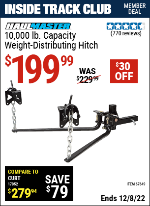 Inside Track Club members can buy the HAUL-MASTER 10000 Lbs. Capacity Weight-Distributing Hitch (Item 67649) for $199.99, valid through 12/8/2022.
