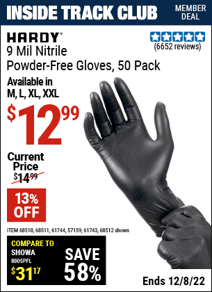 Inside Track Club members can buy the HARDY 9 mil Nitrile Powder-Free Gloves 50 Pc. (Item 68510/68512/8511/61744/57159) for $12.99, valid through 12/8/2022.