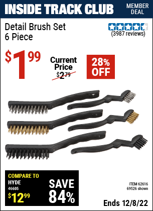 Inside Track Club members can buy the Detail Brush Set 6 Pc. (Item 69526/62616) for $1.99, valid through 12/8/2022.