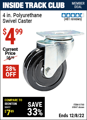 Inside Track Club members can buy the 4 in. Polyurethane Heavy Duty Swivel Caster (Item 69847/61760) for $4.99, valid through 12/8/2022.