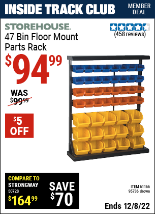 Inside Track Club members can buy the STOREHOUSE 47 Bin Floor Mount Parts Rack (Item 95736/61166) for $94.99, valid through 12/8/2022.
